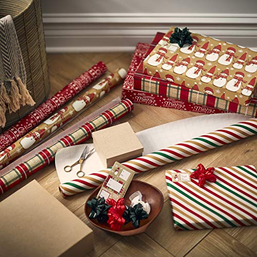 American Greetings 120 sq. ft. Christmas Wrapping Paper Set, Tan, Plaid, Snowman and Christmas Text (4 Rolls 30 in. x 12 ft., 7 Bows, 30 Gift Tags)