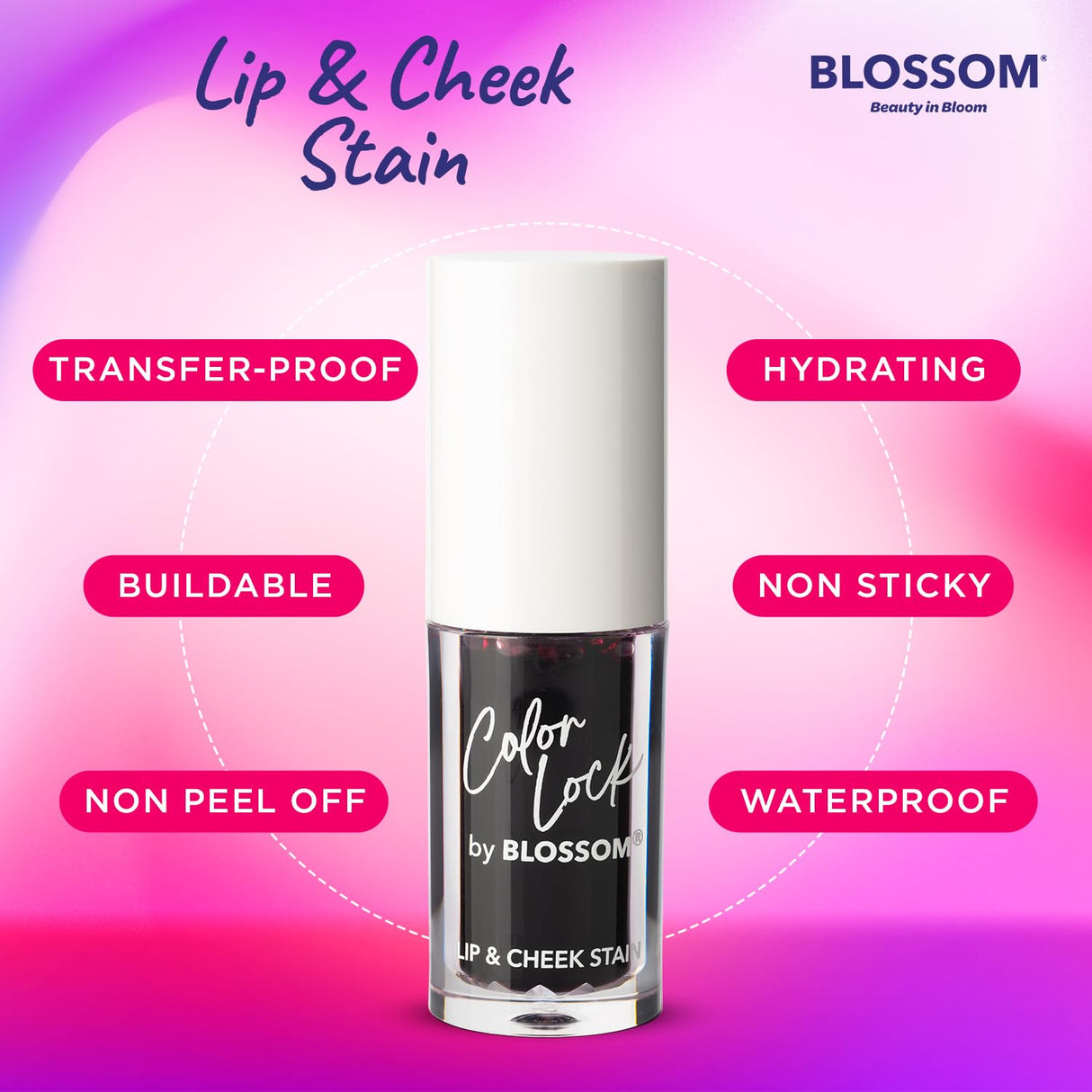 Blossom Color Lock Hydrating Longlasting Lip Stain and Tint for Lips & Cheek, Buildable, Non Drying, Smudgeproof + Transfer Proof, Made in USA with Doe Foot Applicator, 0.14 fl oz/4ml, Blooming Rose
