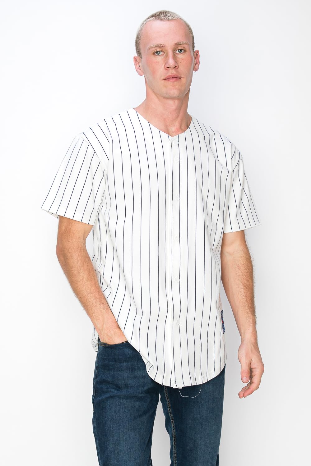 YURO-K Men's White Cotton Pinstripe Baseball Jersey/Made in Los Angeles