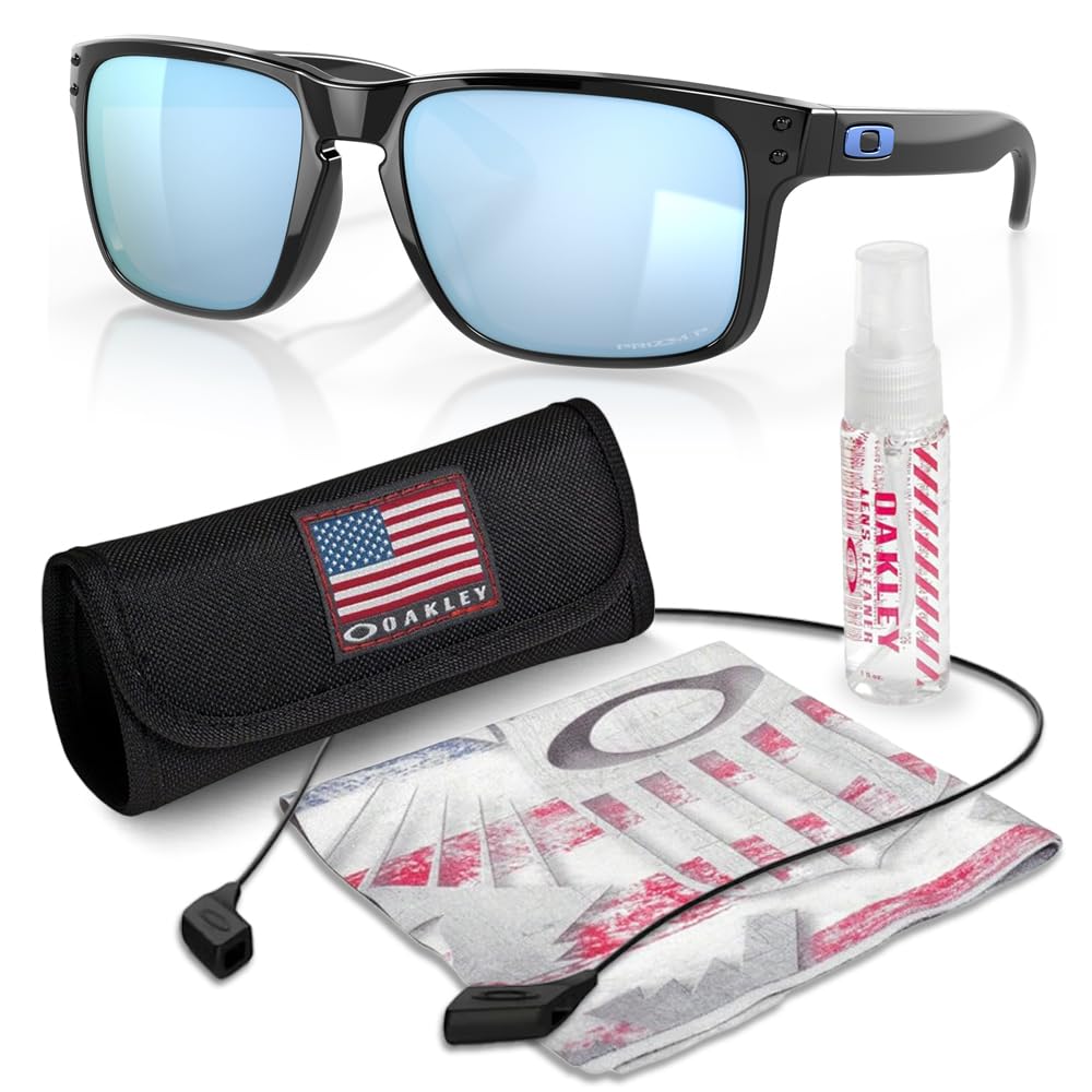 Oakley OO9102 HOLBROOK Square Sunglasses for Men - High Bridge Fit - USA Flag Cleaning Kit and Leash - PREMIUM BUNDLE