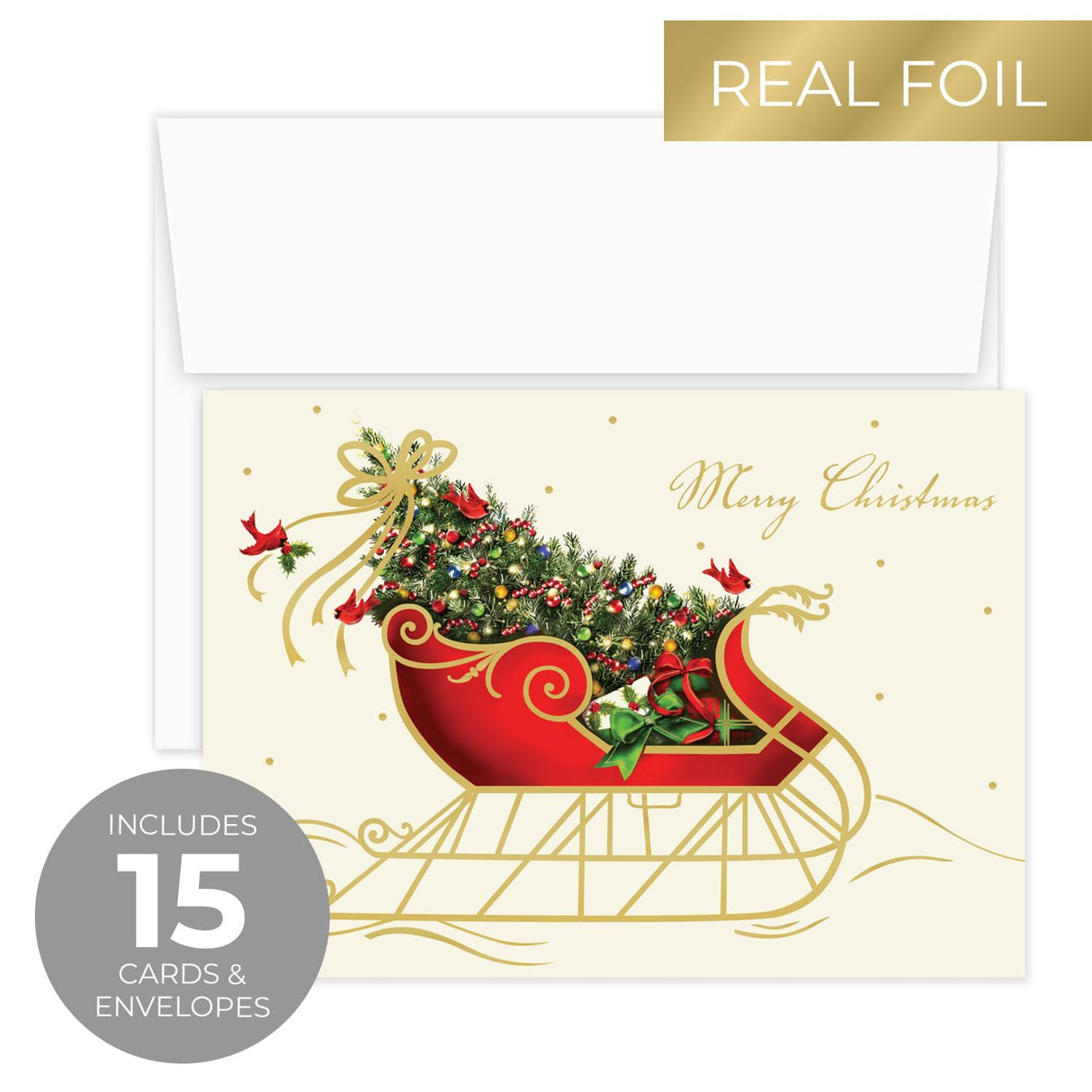 Masterpiece Sparkling Santa Christmas Cards / 16 Festive Holiday Cards Set With White Envelopes / 5 5/8" x 7 7/8" Winter Gold Foil Greeting Cards With Inside Verse/Made In The USA