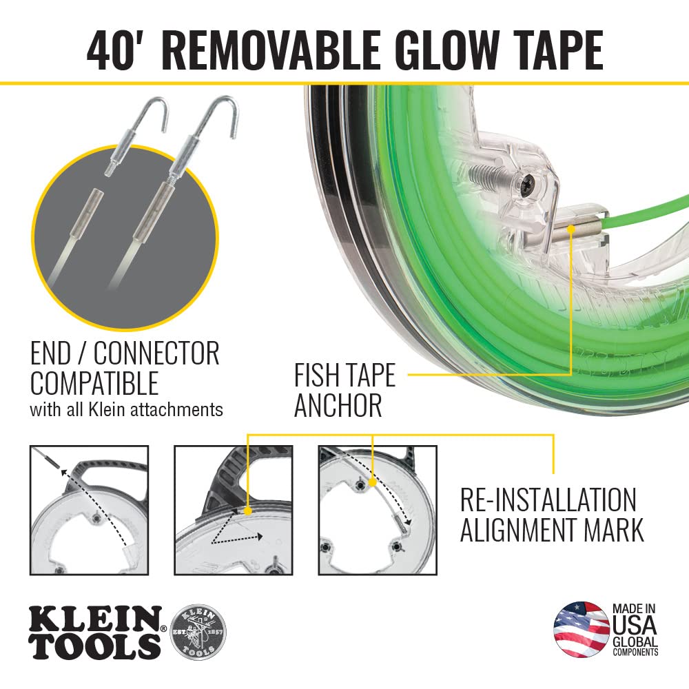 Klein Tools 50550 20-Foot Glow In The Dark Fish Tape, Made in USA, Fiberglass with Nylon Tip and Stainless-Steel Connector for Fish Rod Attachments
