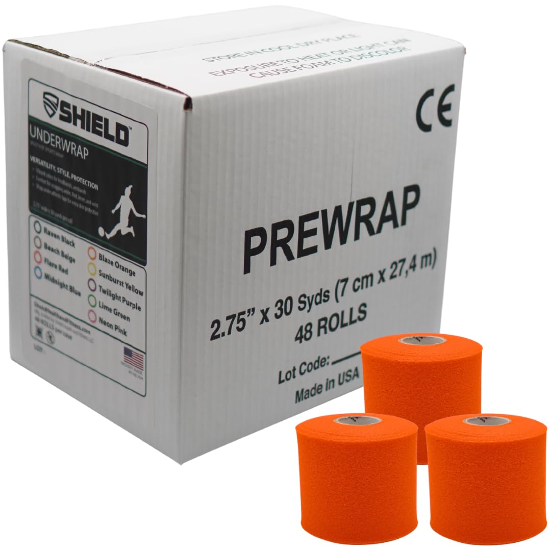 Shield Athletic Underwrap | Bulk Case 48 Rolls of PreWrap, Hair Tie, Headband, Patellar Support, Pre-Wrap Athletic Tape, 2.75" X 30 SYards, Foam Barrier Skin Protection, Flexible, Breathable Red