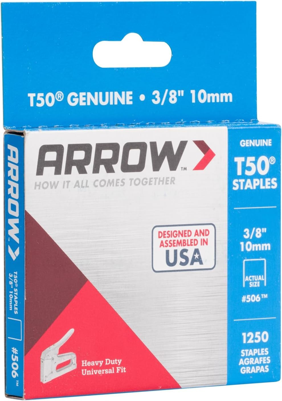 Arrow 506 Heavy Duty T50 3/8-Inch Leg Length, 3/8-Inch Crown, Staples for Upholstery, Construction, Furniture, Crafts, 1250-Pack, Made in the USA