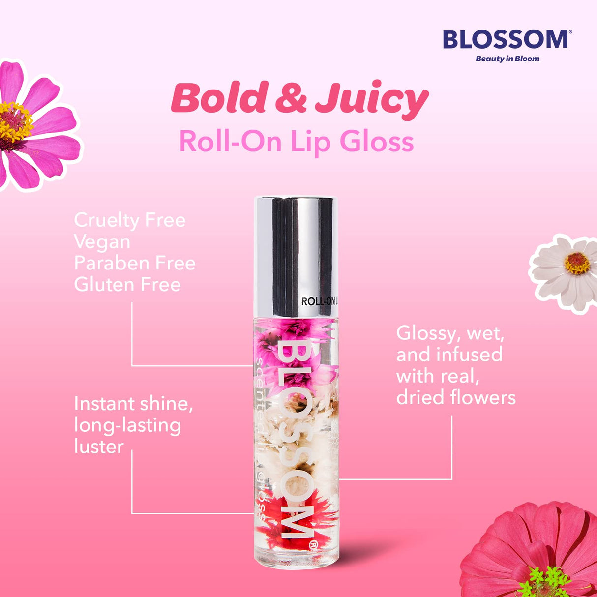 Blossom Scented Roll on Lip Gloss, Infused with Real Flowers, Made in USA, 0.20 fl. oz./5.9ml, Watermelon
