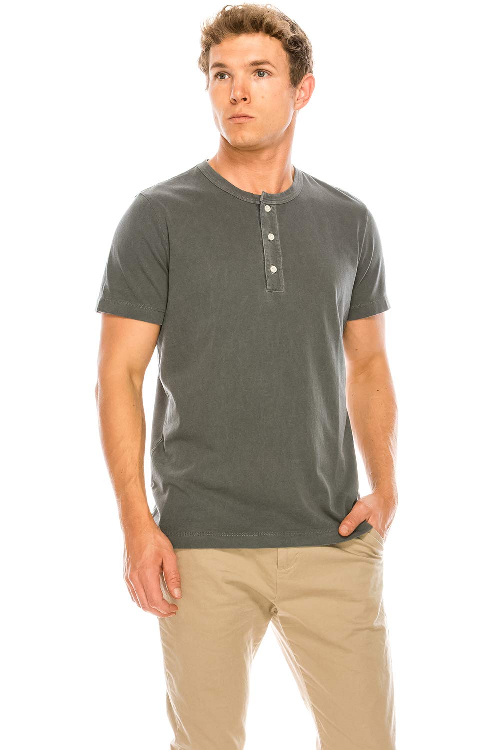 YURO-K Men's Garment Dyed Premium Cotton Classic Short Sleeve Henley with Binded Neck T-Shirt Small - 2X Large