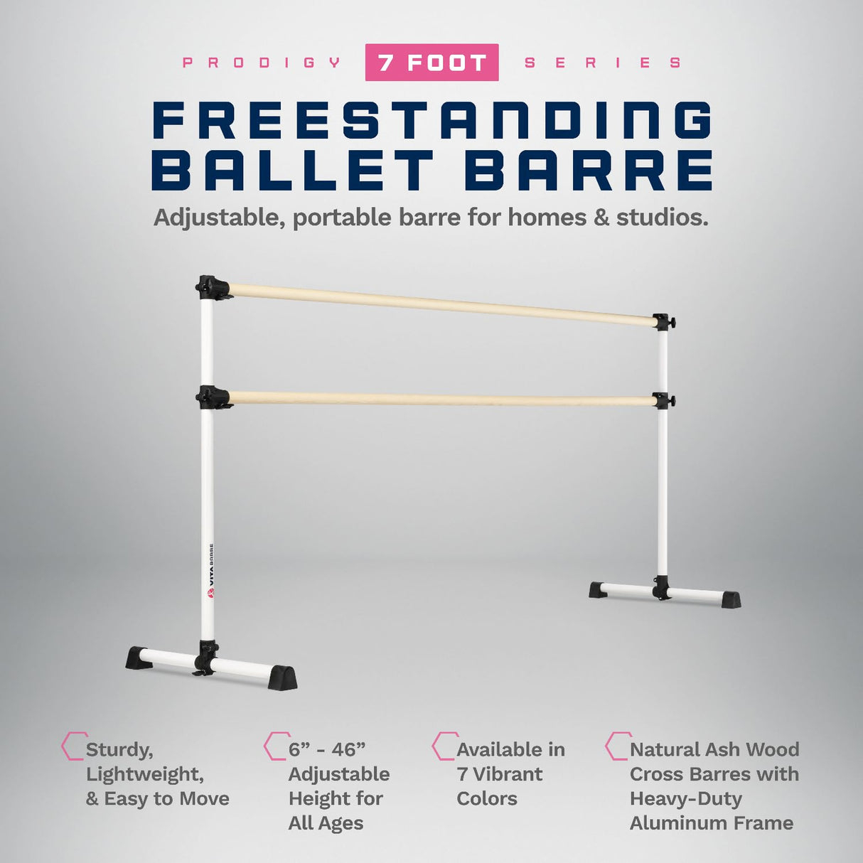 VITA Barre Portable Freestanding Double Ballet Barre, Prodigy, Wood | Adjustable Height, USA Made, Home or Gym Exercise Equipment for Kids & Adults | Dance, Fitness, Pilates