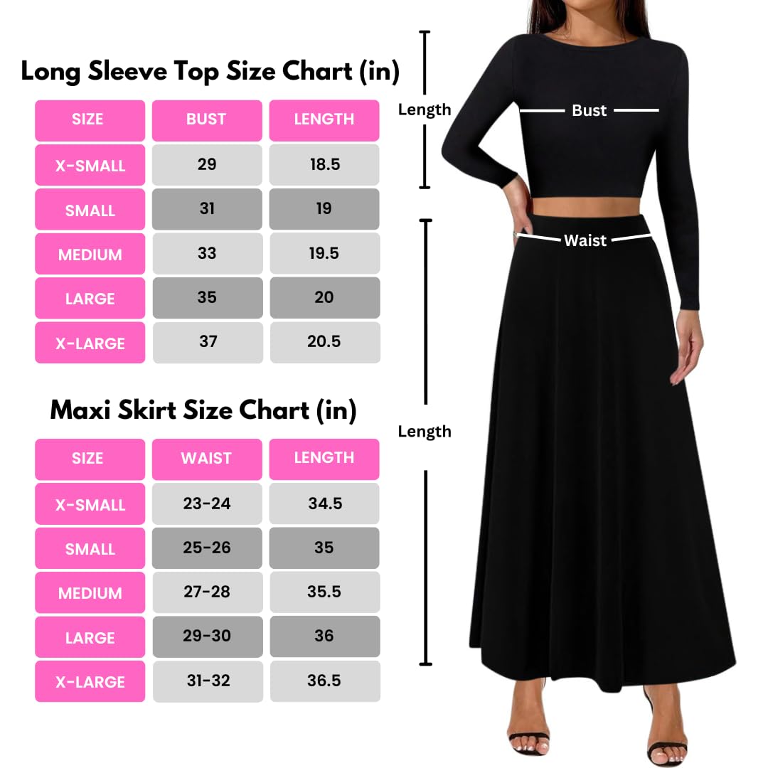 Sweet Hearts 2 Piece Sets for Women- Casual Modal Maxi Skirt Long Sleeve Crop Tops Womens 2 Piece Outfits Fall Made in USA