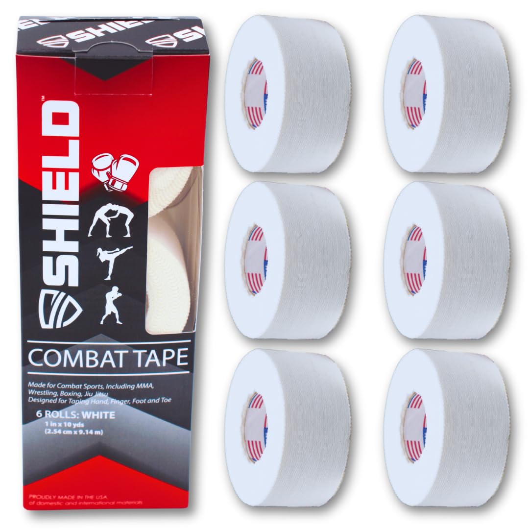 SHIELD Combat Tape | USA Made, Boxing Sports Tape, Athletic Tape, Easy-Tear, Long-Lasting Grip, No Sticky Residue, 1 inch x 10 Yards, 6-Roll Box, White