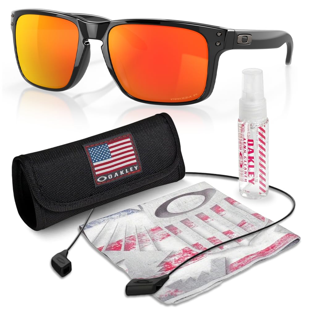 Oakley OO9102 HOLBROOK Square Sunglasses for Men - High Bridge Fit - USA Flag Cleaning Kit and Leash - PREMIUM BUNDLE