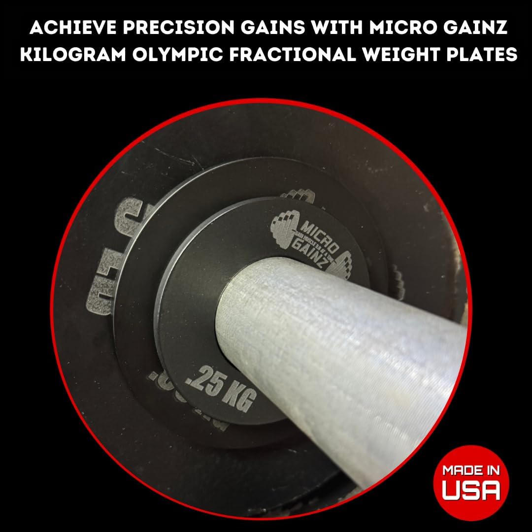 Micro Gainz Olympic Kilogram Fractional Weight Plate Set of 6 Steel Plates- (2-.25KG, 2-.50KG, 2-1KG) Plates -Designed for Olympic Barbells, Used for Strength Training and Micro Loading, Made in USA