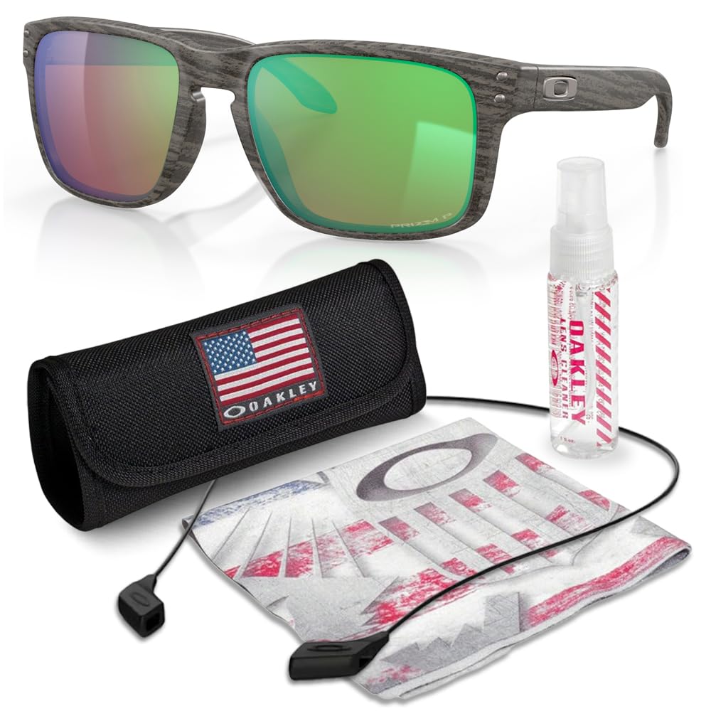 Oakley OO9102 HOLBROOK Square Sunglasses for Men - High Bridge Fit - USA Flag Cleaning Kit and Leash - PREMIUM BUNDLE