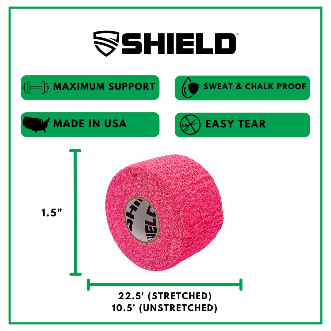 SHIELD | Weightlifting Tape - Made in USA, Hook Grip, Cross-Training, WOD Grip Tape 3-Pack– Durable, Non-Slip, Comfortable Stretchy Athletic Tape – Thumb, Wrist, Finger Protection (Pink)