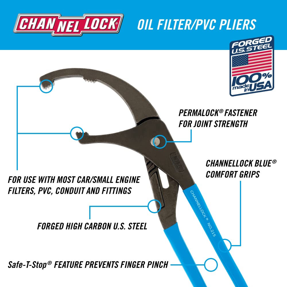 CHANNELLOCK 209 9-inch Oil Filter/PVC Pliers | Made in USA | 1.75 to 3-inch Jaw Capacity | Forged High Carbon Steel | Ideal for Engine Oil Filters, Conduit, and Fittings
