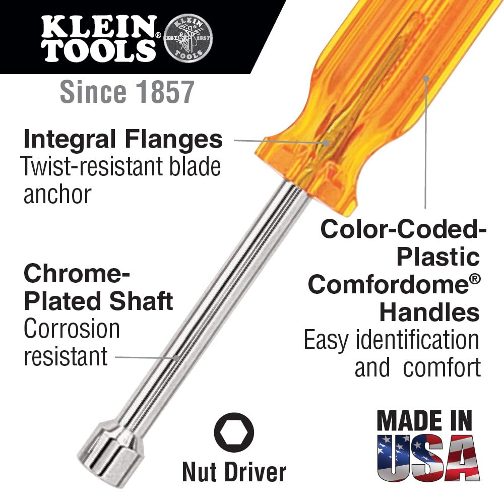 Klein Tools S86 1/4-Inch Nut Driver with 6-Inch Hollow Shaft and Comfordome Handle, Made in USA