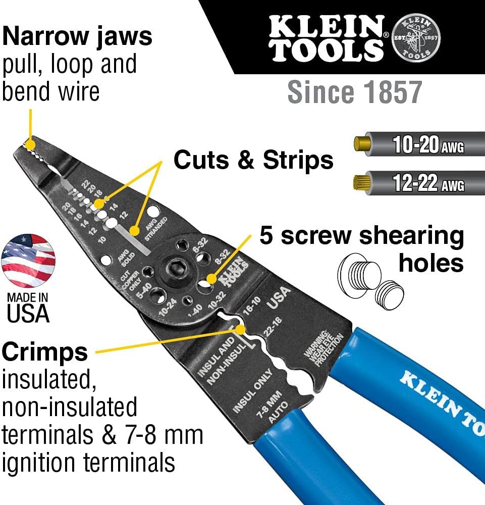Klein Tools 1010 Multi Tool Long Nose Wire Cutter, Made in USA, Wire Crimper, Stripper and Bolt Cutter Multi-Purpose Electrician Tool, 8-Inch Long