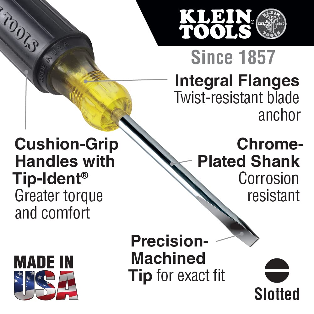 Klein Tools 85076 Screwdriver Set, Made in USA, Slotted and Phillips Screwdrivers with Non-Slip Cushion-Grip Handles and Tip-Ident, 7-Piece