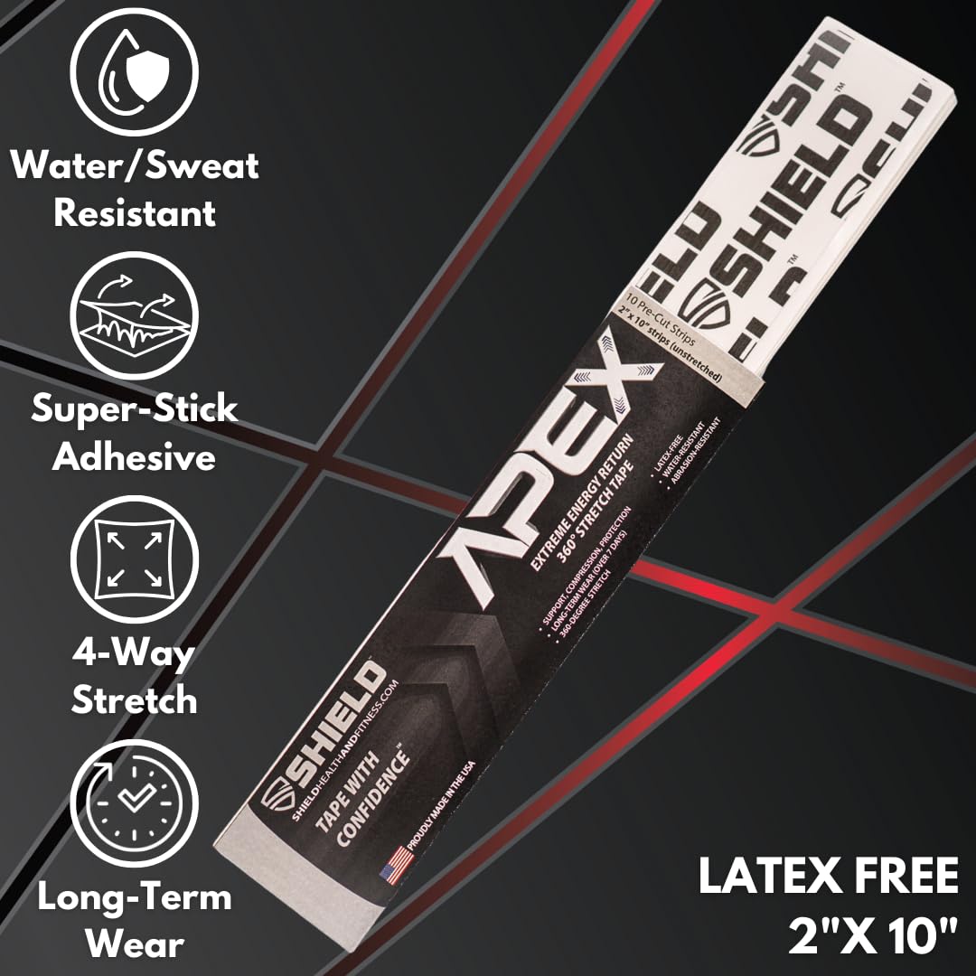 Shield Apex Four Way Stretch Kinesiology Pre-Cut Strips | 10 Strips of Kinesiology Tape for Muscle Support, Pain Relief, Compression, and Injury Prevention, Made in USA (White on Black)