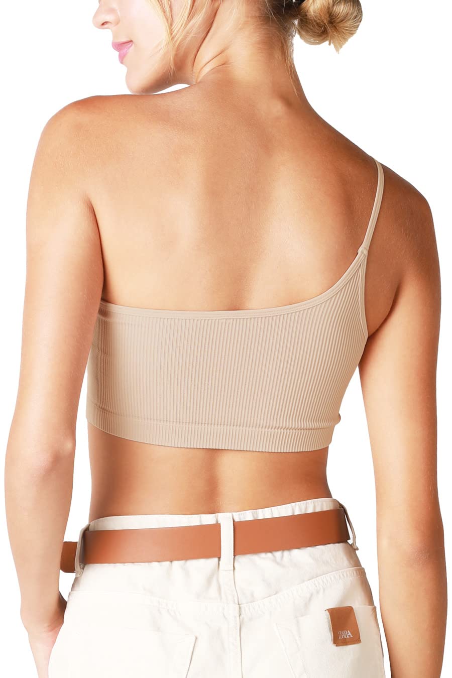 NIKIBIKI Women Seamless One Shoulder Ribbed Bralette, Made in U.S.A, One Size