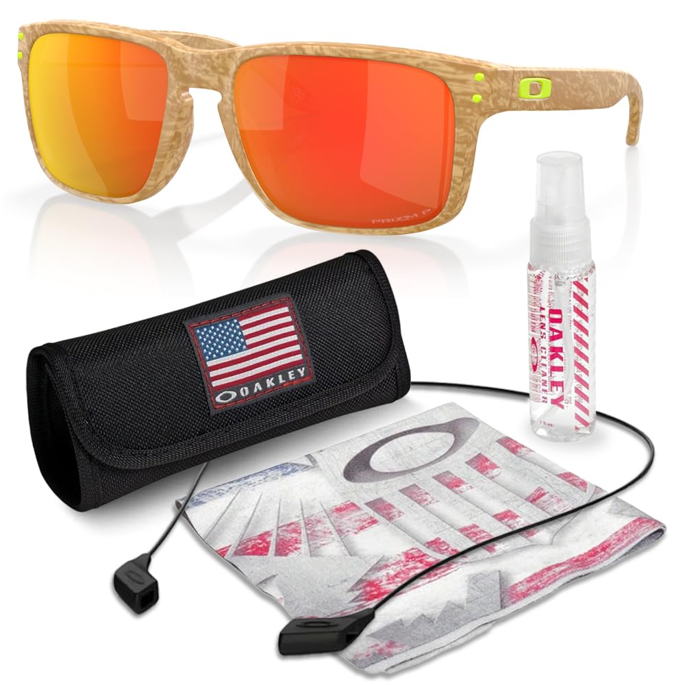Oakley OO9102 HOLBROOK Square Sunglasses for Men - High Bridge Fit - USA Flag Cleaning Kit and Leash - PREMIUM BUNDLE