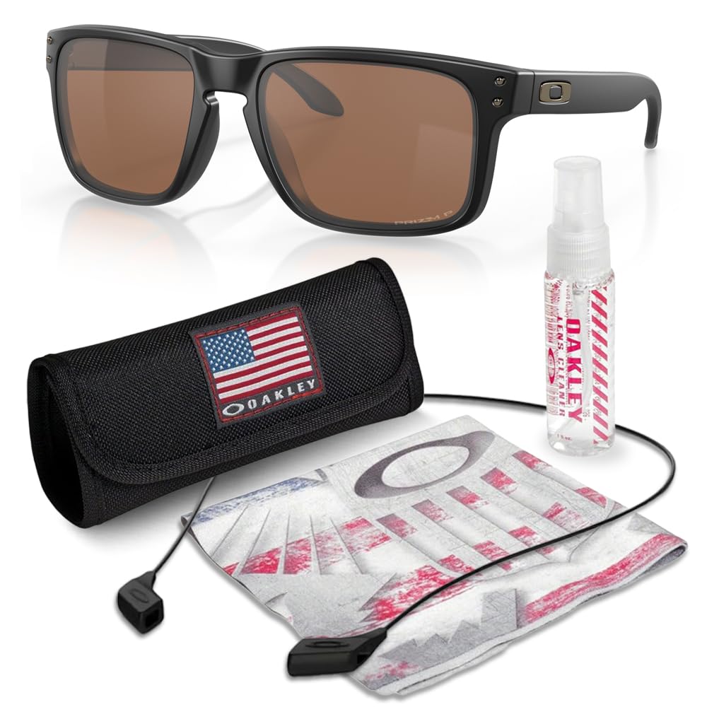 Oakley OO9102 HOLBROOK Square Sunglasses for Men - High Bridge Fit - USA Flag Cleaning Kit and Leash - PREMIUM BUNDLE