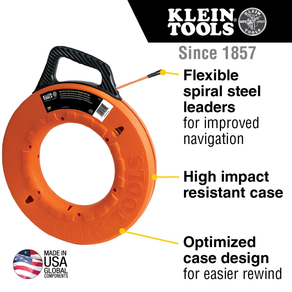 Klein Tools 56059 Non-Conductive Fiberglass Fish Tape, Made in USA, 200-Foot Wall Snake is 3/16-Inch Wide Multi-Groove Fish Tape and Pulls to 500-Pound