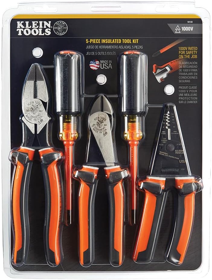 Klein Tools 94130 1000V Insulated Screwdriver Tool Set with #2 Phillips and 1/4-Inch Cabinet Slim Tips, 2 Insulated Pliers and Wire Stripper