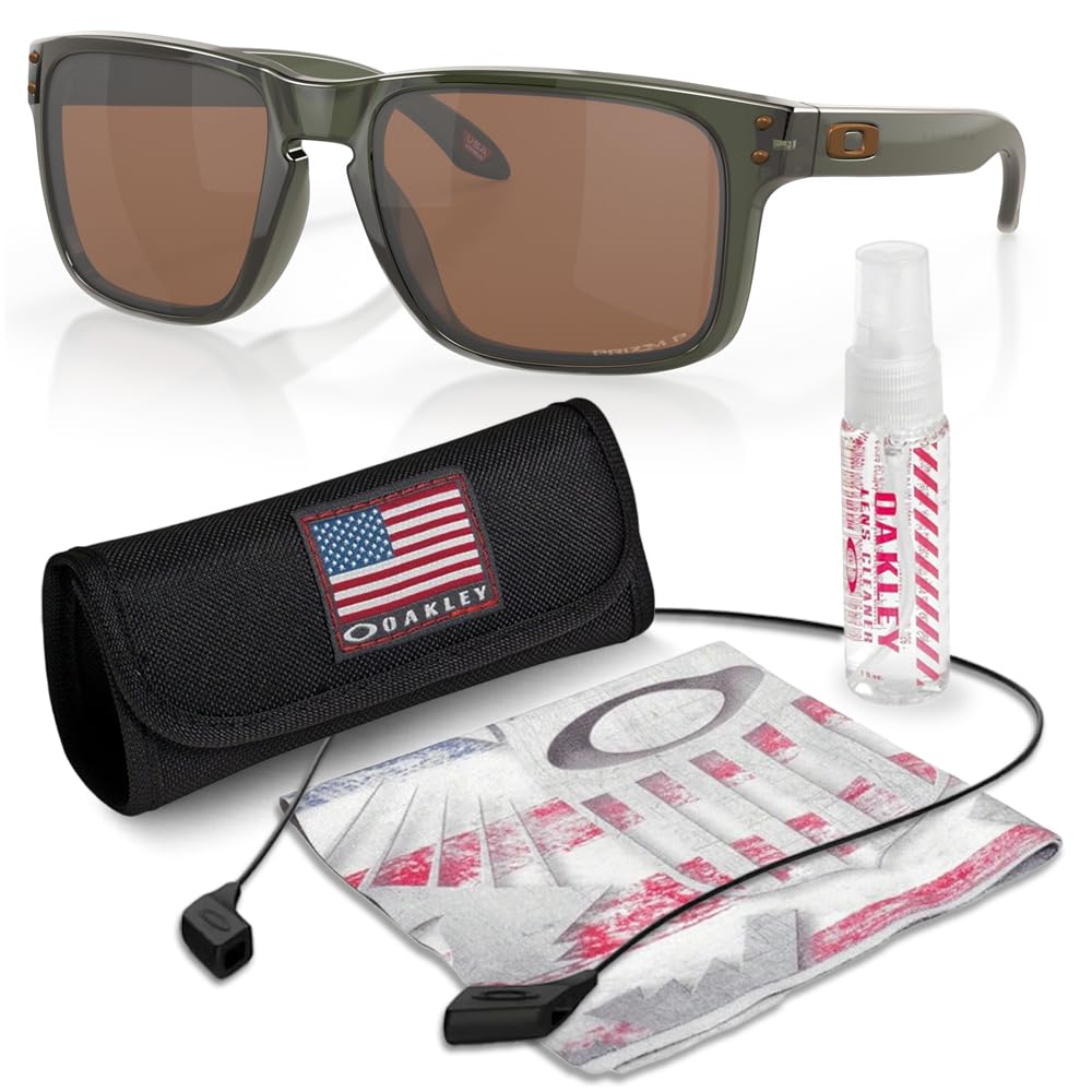 Oakley OO9102 HOLBROOK Square Sunglasses for Men - High Bridge Fit - USA Flag Cleaning Kit and Leash - PREMIUM BUNDLE