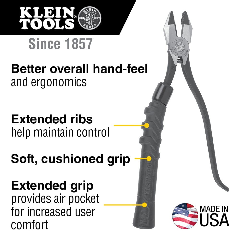 Klein Tools D213-9ST High-Leverage Ironworker's Pliers, Made in USA, Twist and Cut Soft Annealed Tie Wire, Hook Bend Handle, Spring Loaded, Heavy-Duty Jaws