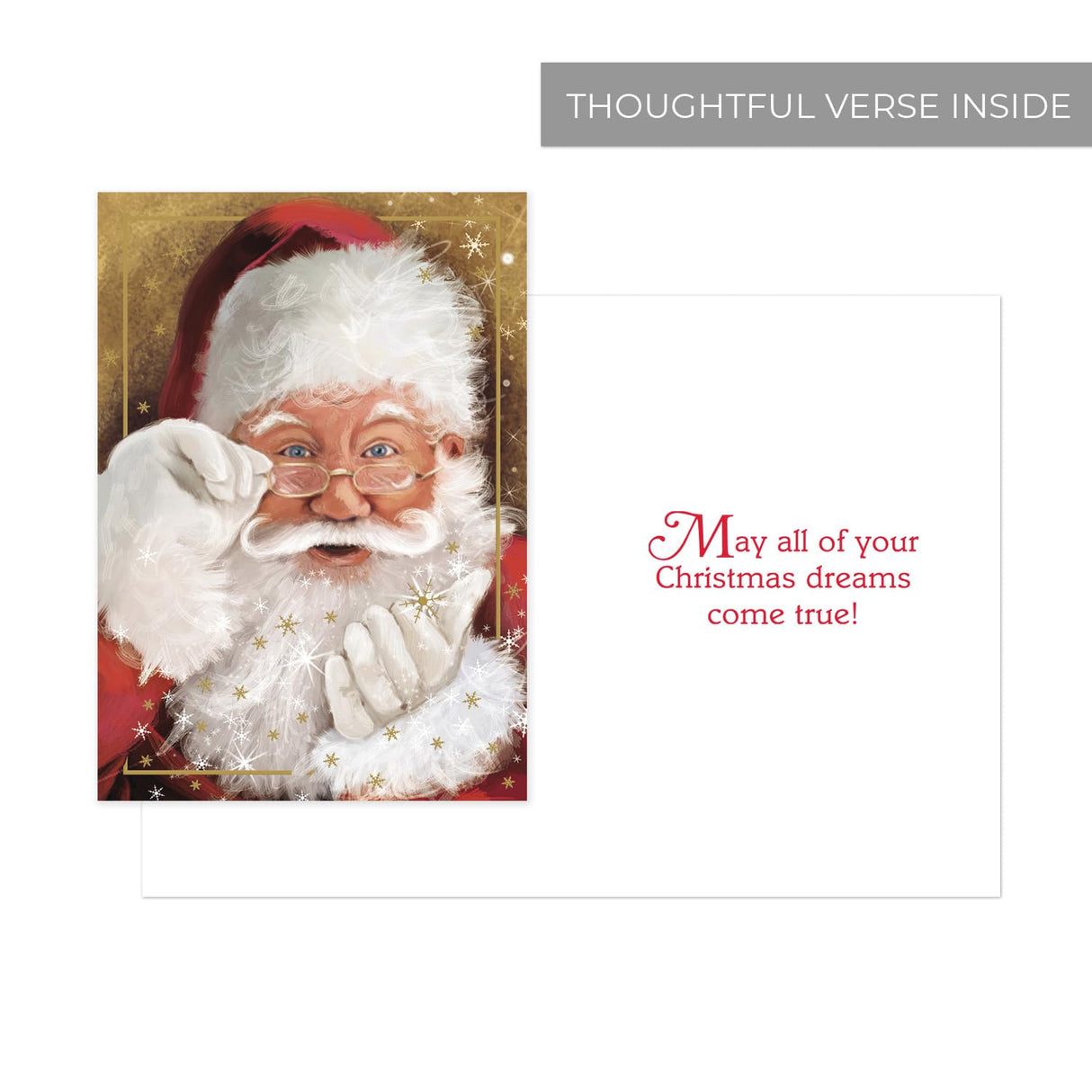Masterpiece Sparkling Santa Christmas Cards / 16 Festive Holiday Cards Set With White Envelopes / 5 5/8" x 7 7/8" Winter Gold Foil Greeting Cards With Inside Verse/Made In The USA