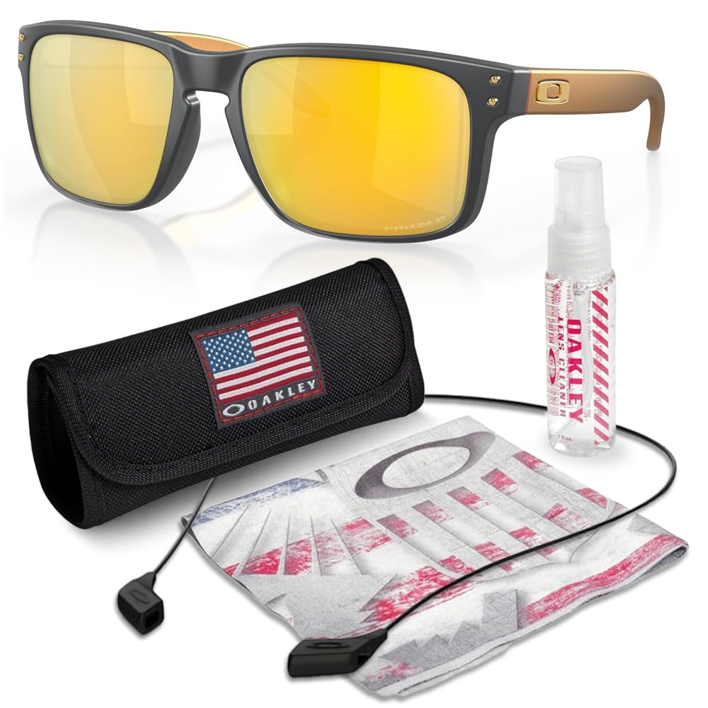 Oakley OO9102 HOLBROOK Square Sunglasses for Men - High Bridge Fit - USA Flag Cleaning Kit and Leash - PREMIUM BUNDLE