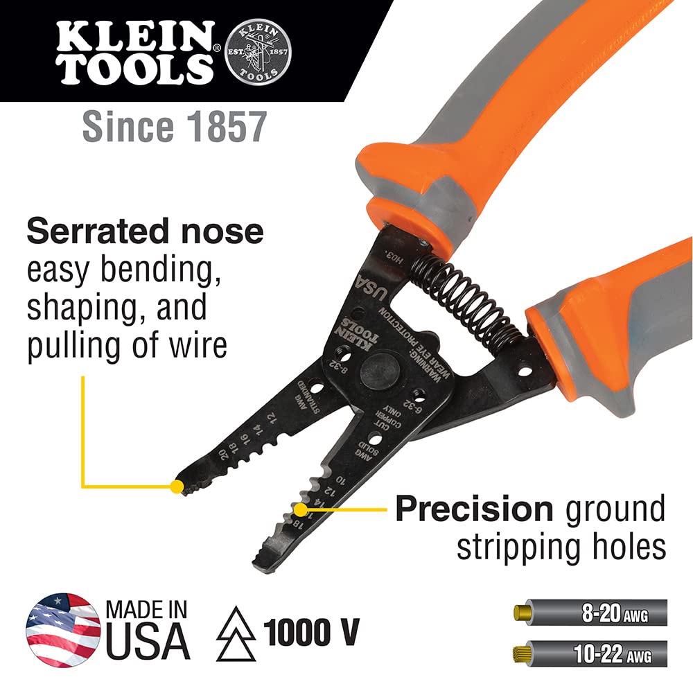 Klein Tools 1005RINS Insulated Pliers, Made in USA, Cutting / Crimping Tool for Insulated and Non-Insulated 10 to 22 AWG Wire and Connectors,1000V Rated