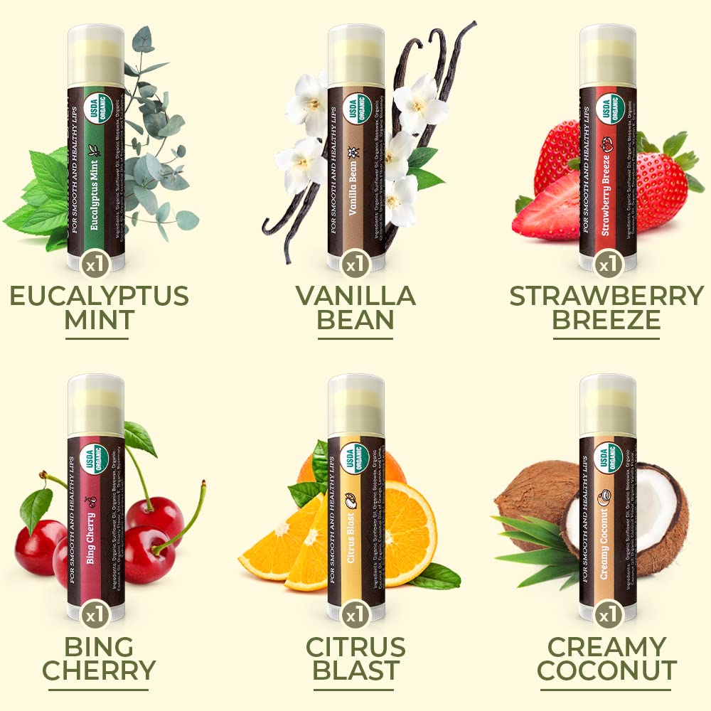 USDA Organic Lip Balm 6-Pack by Earth's Daughter Stocking Stuffers - Fruit Flavors, Beeswax, Coconut Oil, Vitamin E - Best Lip Repair Chapstick for Dry Cracked Lips - Moisturizing Lip Care