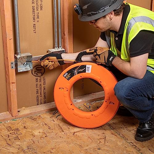 Klein Tools 56059 Non-Conductive Fiberglass Fish Tape, Made in USA, 200-Foot Wall Snake is 3/16-Inch Wide Multi-Groove Fish Tape and Pulls to 500-Pound