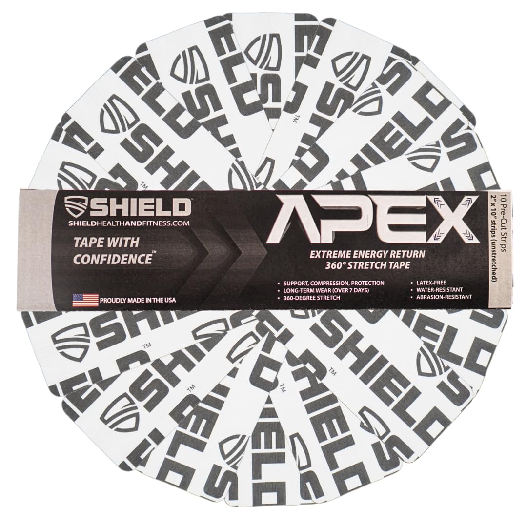 Shield Apex Four Way Stretch Kinesiology Pre-Cut Strips | 10 Strips of Kinesiology Tape for Muscle Support, Pain Relief, Compression, and Injury Prevention, Made in USA (White on Black)