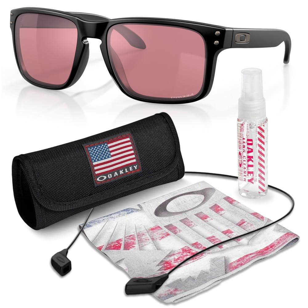 Oakley OO9102 HOLBROOK Square Sunglasses for Men - High Bridge Fit - USA Flag Cleaning Kit and Leash - PREMIUM BUNDLE