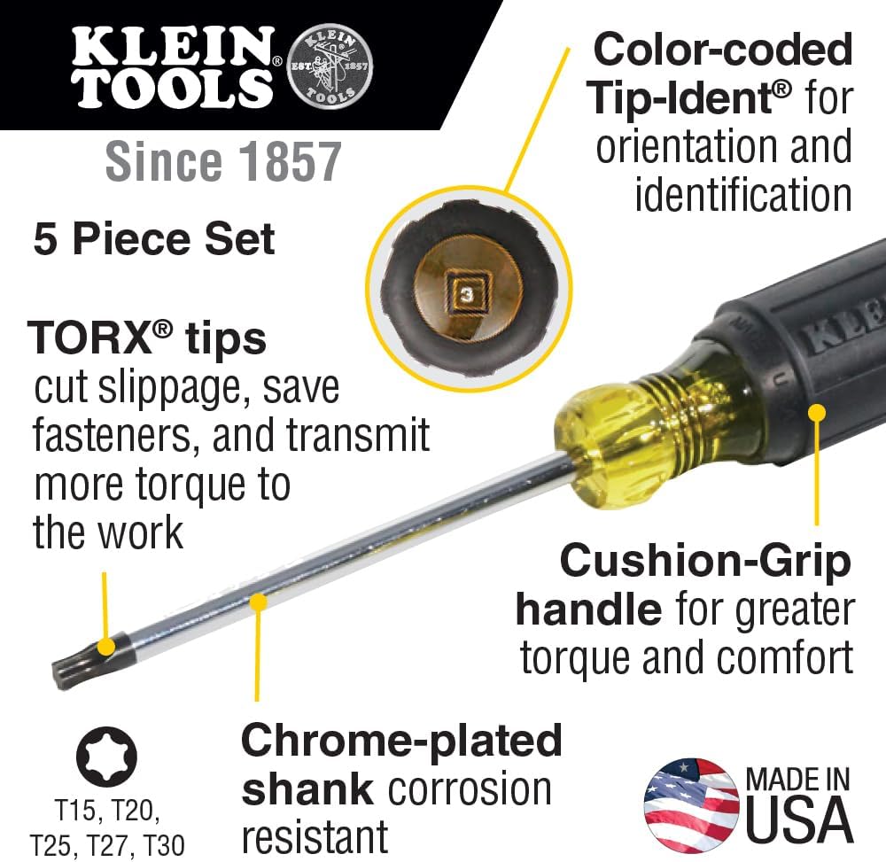 Klein Tools 19555 TORX Cushion Grip Screwdriver Set, Made in USA, T15, T20, T25, T27 and T30 Tip sizes, 5-Piece