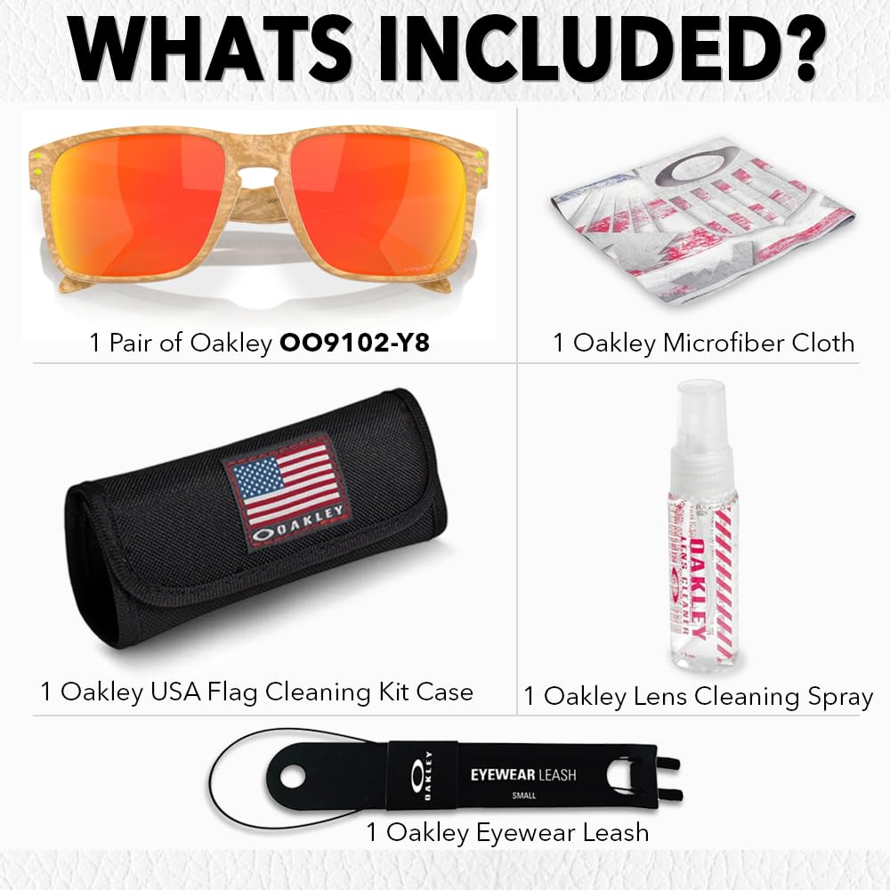 Oakley OO9102 HOLBROOK Square Sunglasses for Men - High Bridge Fit - USA Flag Cleaning Kit and Leash - PREMIUM BUNDLE