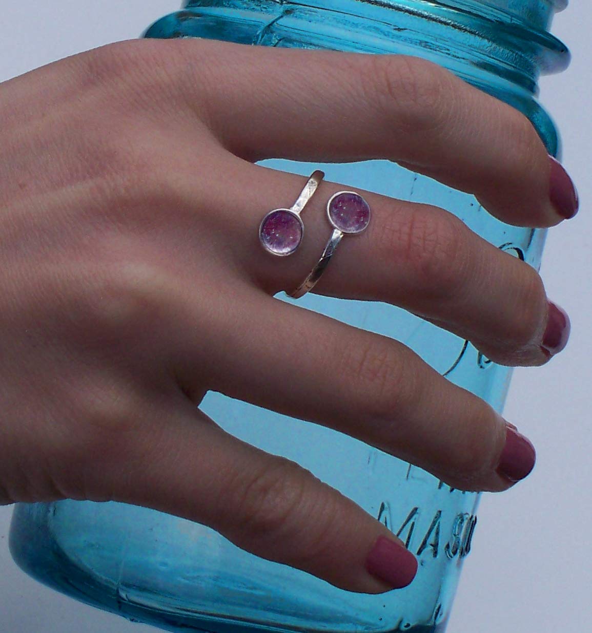 Bottled Up Designs Handmade, Bypass Ring, Recycled Vintage Bottles, Sterling Silver, Made in USA, Mothers Day, Birthday Gifts, Women, Anniversary (Pink Depression Glass)