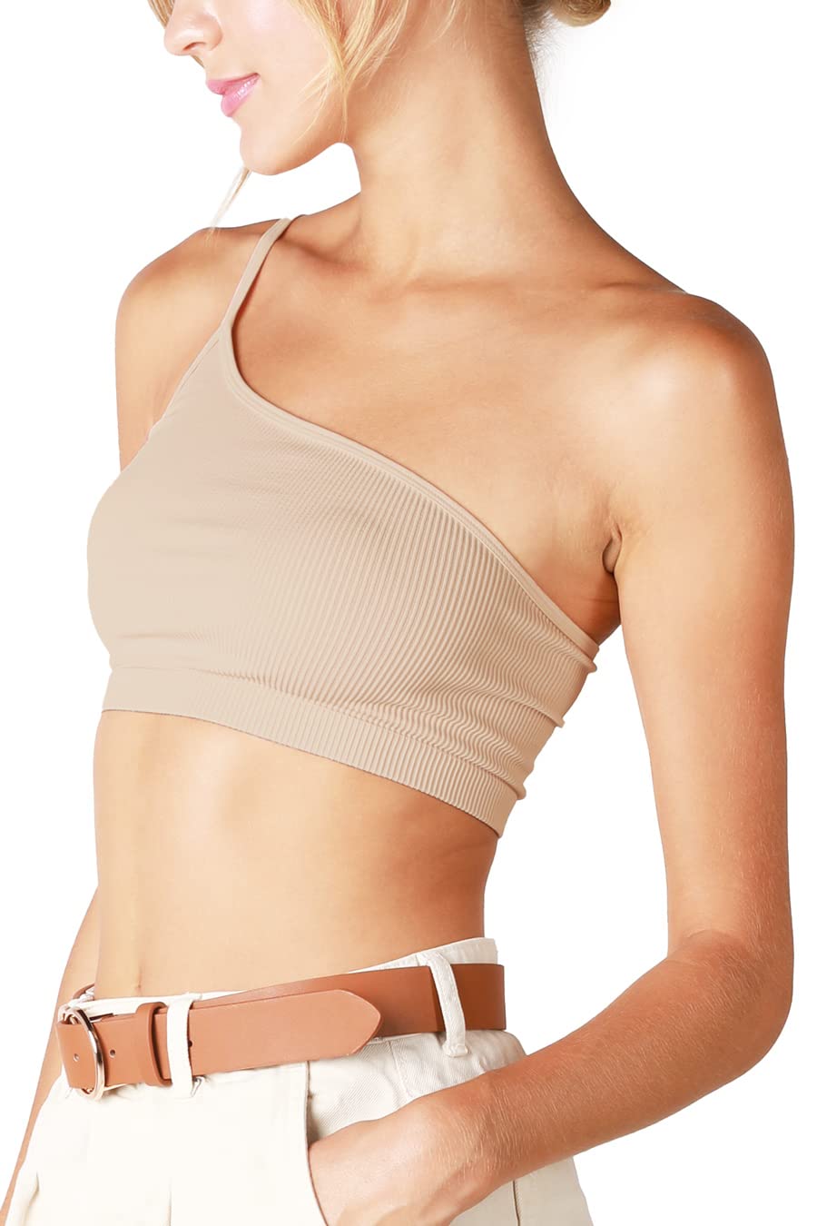 NIKIBIKI Women Seamless One Shoulder Ribbed Bralette, Made in U.S.A, One Size