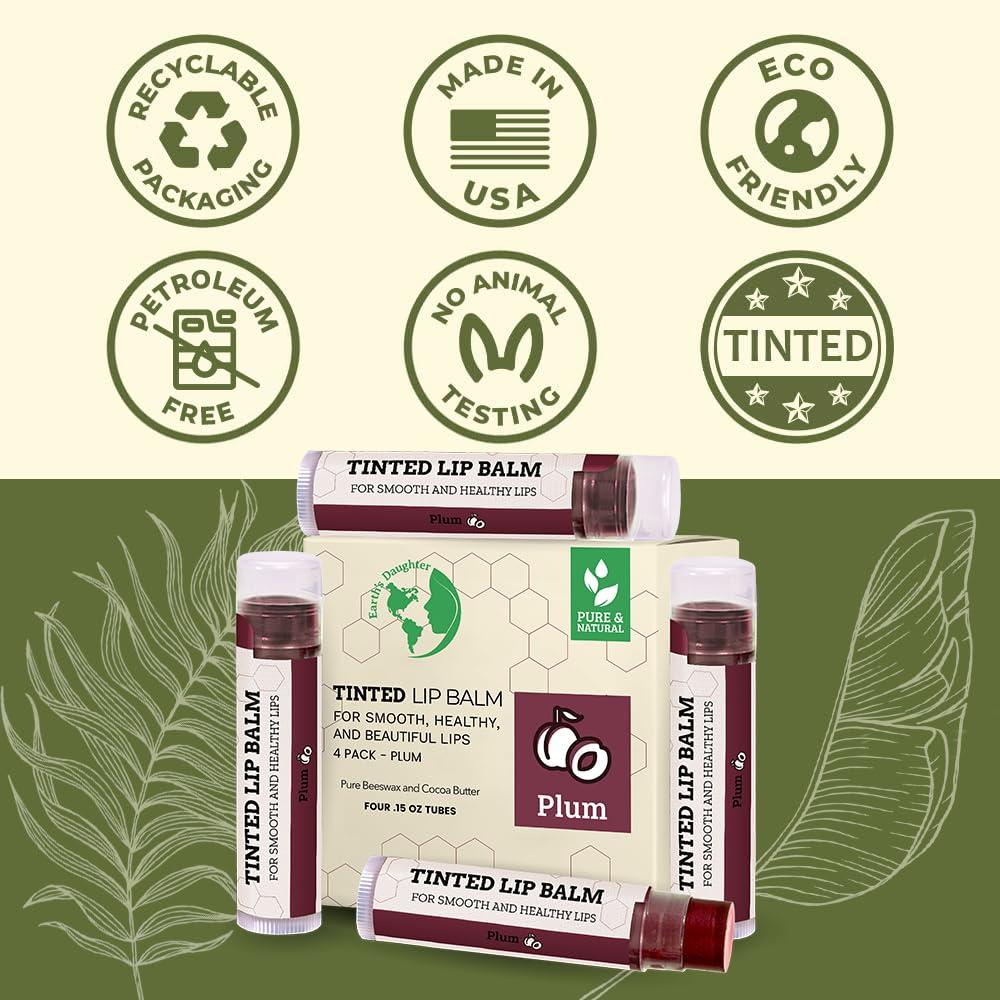 USDA Organic Lip Balm 6-Pack by Earth's Daughter Stocking Stuffers - Fruit Flavors, Beeswax, Coconut Oil, Vitamin E - Best Lip Repair Chapstick for Dry Cracked Lips - Moisturizing Lip Care