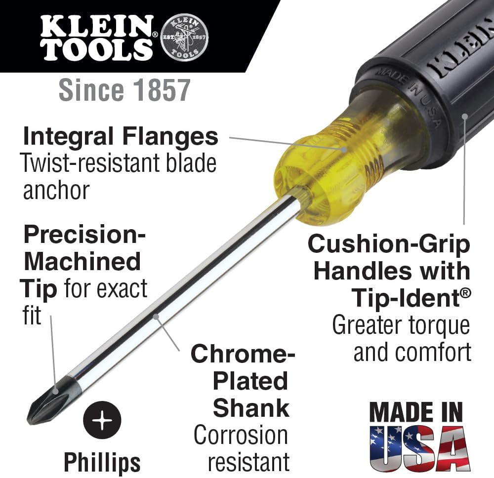Klein Tools 85442 Screwdriver 2-Piece Set, Made in USA, 1/4 Keystone and #2 Phillips, Cushion Grip, Round and Square Shank, Heat Treated, Home Improvement