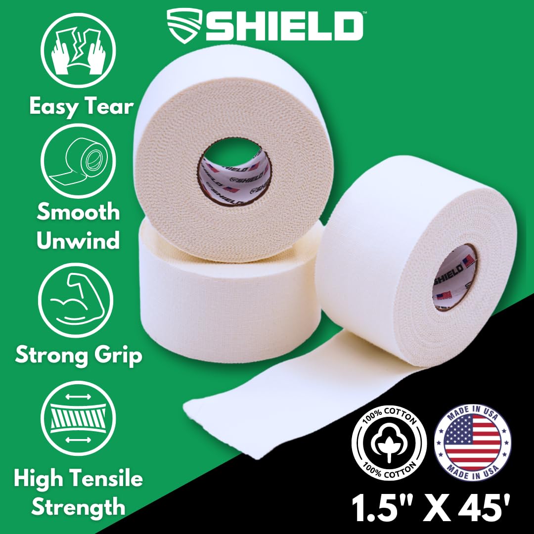 SHIELD | 32 Pack White Athletic Tape Bulk- 1.5 Inches x 15 Yards - Made in USA Easy Tear, Rigid, No Residue. Sports Medicine - Athletes, Medical, Therapy, Athletic Trainers: Ankles Wrists Fingers