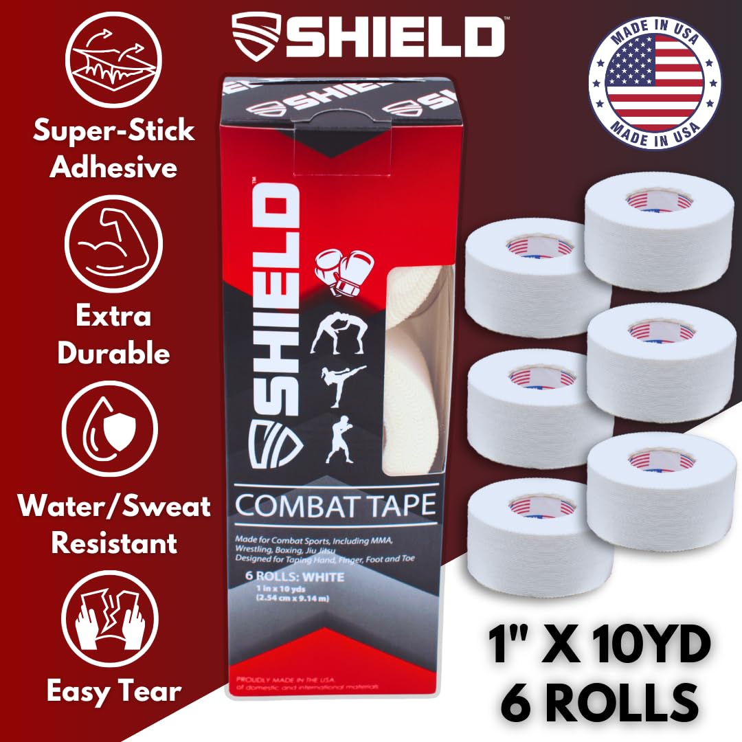 SHIELD Combat Tape | USA Made, Boxing Sports Tape, Athletic Tape, Easy-Tear, Long-Lasting Grip, No Sticky Residue, 1 inch x 10 Yards, 6-Roll Box, White