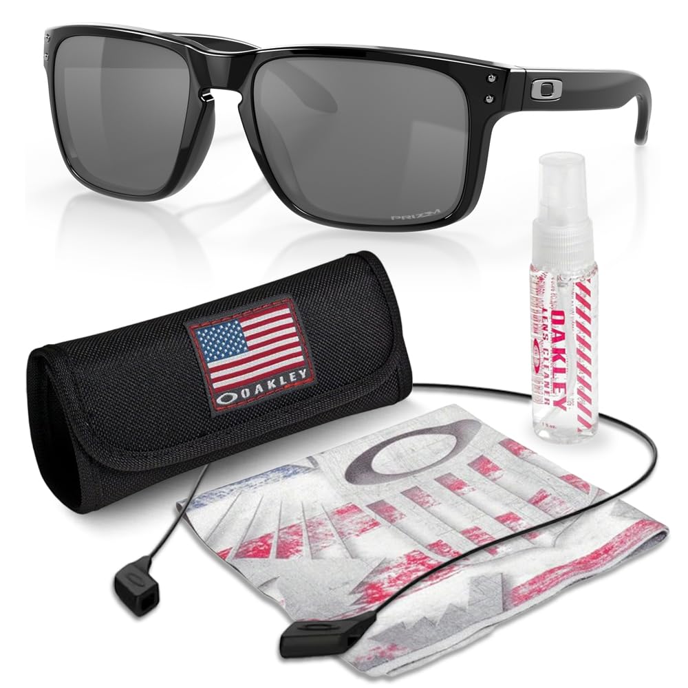 Oakley OO9102 HOLBROOK Square Sunglasses for Men - High Bridge Fit - USA Flag Cleaning Kit and Leash - PREMIUM BUNDLE