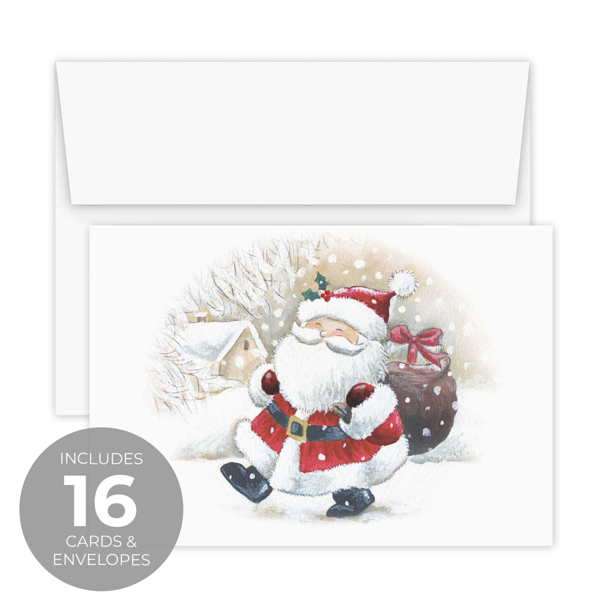 Masterpiece Sparkling Santa Christmas Cards / 16 Festive Holiday Cards Set With White Envelopes / 5 5/8" x 7 7/8" Winter Gold Foil Greeting Cards With Inside Verse/Made In The USA