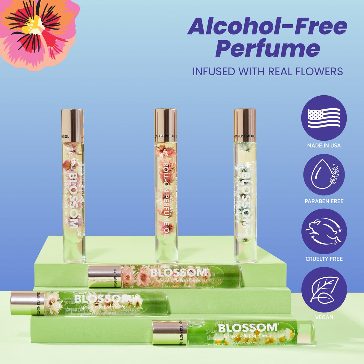 Blossom Roll on Perfume Oil for Women, Alcohol Free Rollerball Perfume with Essential Oil, Infused with Real Flowers, Made in USA, 0.20 oz (Lemon, Bergamot, Violet, White Musk), Cactus Flower