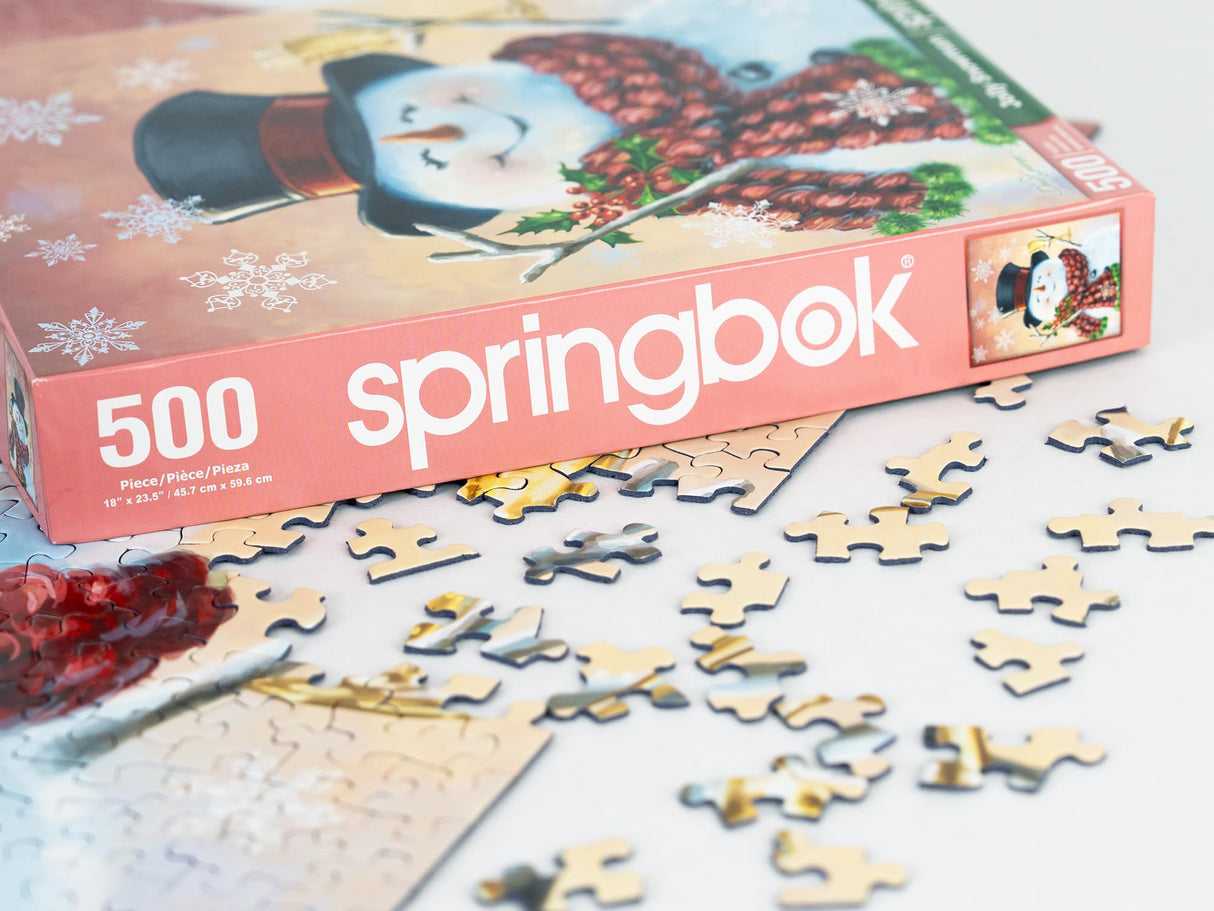 Springbok's Jolly Snowman 500 Piece Jigsaw Puzzle by Donna Gelsinger is a Happy Holiday Image for Every Age