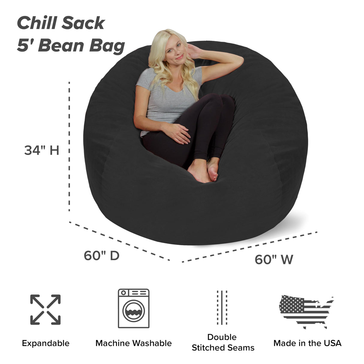 Chill Sack Bean Bag Chair: Giant 5' Memory Foam Furniture Bean Bag - Big Sofa with Soft Micro Fiber Cover - Black