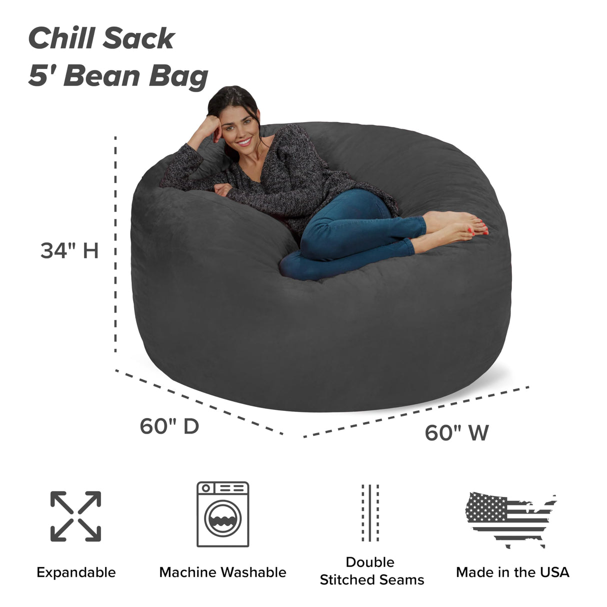 Chill Sack Bean Bag Chair: Giant 5' Memory Foam Furniture Bean Bag - Big Sofa with Soft Micro Fiber Cover - Black